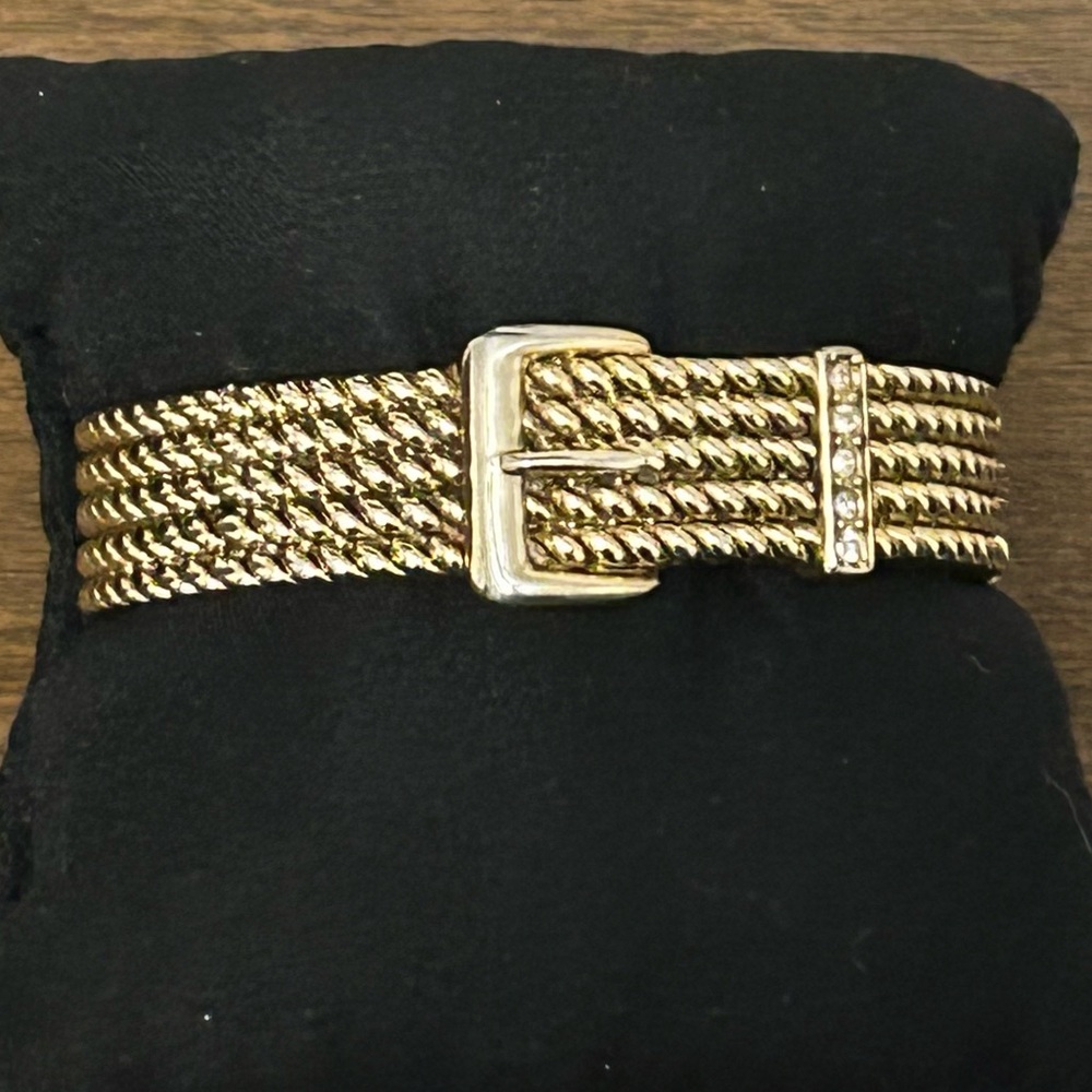 GOLDTONE METAL BUCKLE ROPE CLEAR STONE BANGLE HINGED FASHION BRACELET